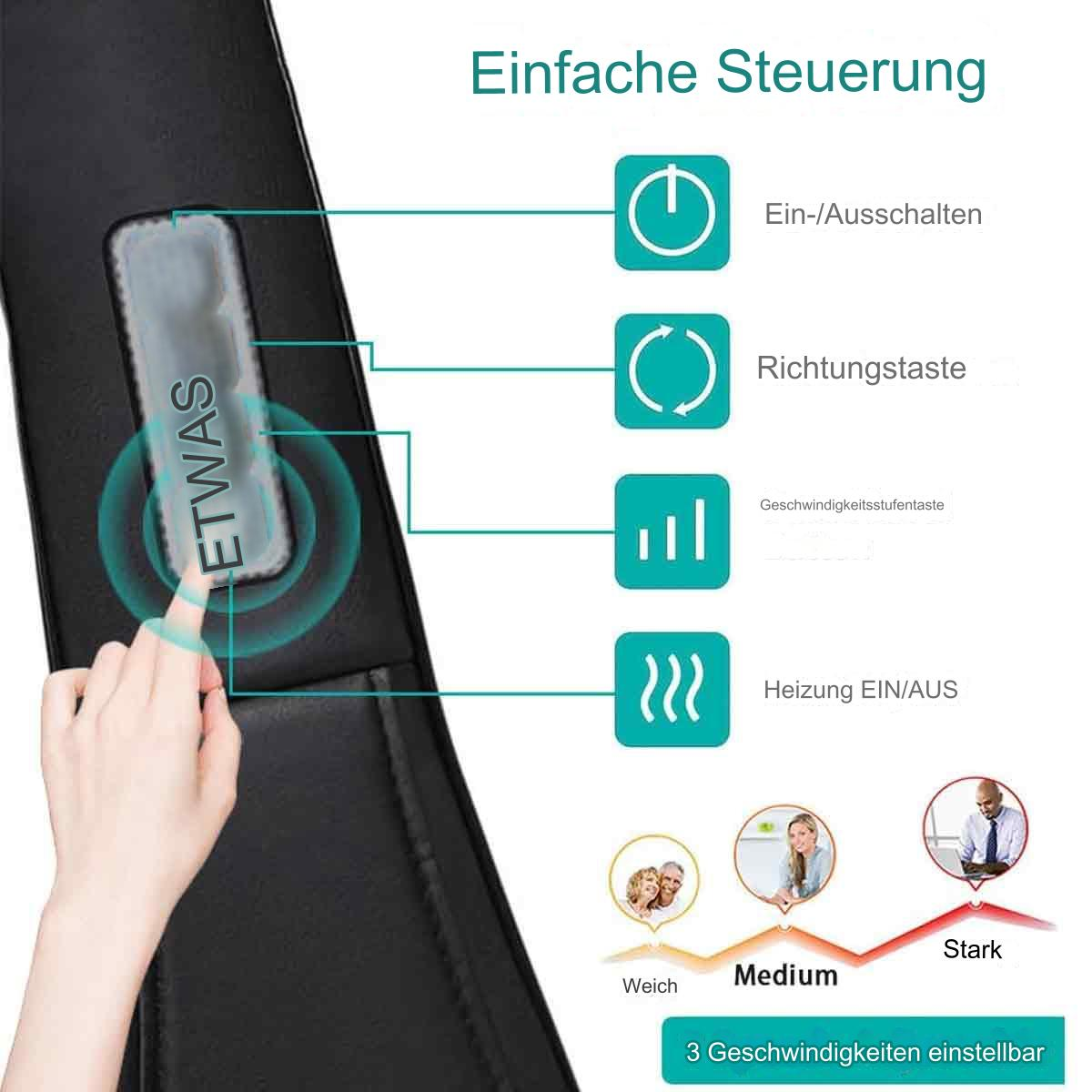 Diagramm eines Bedienfelds mit Hand, Knöpfen und Geschwindigkeitseinstellungen.