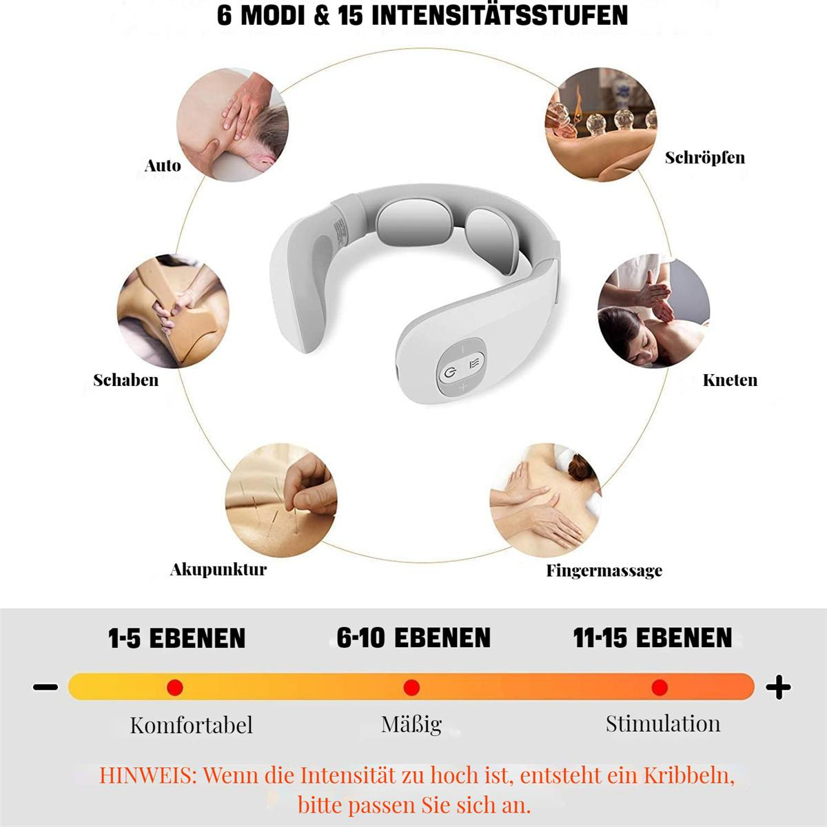Nackenmassagegerät mit Diagrammen, die verschiedene Massagearten und Intensitätsstufen zeigen.