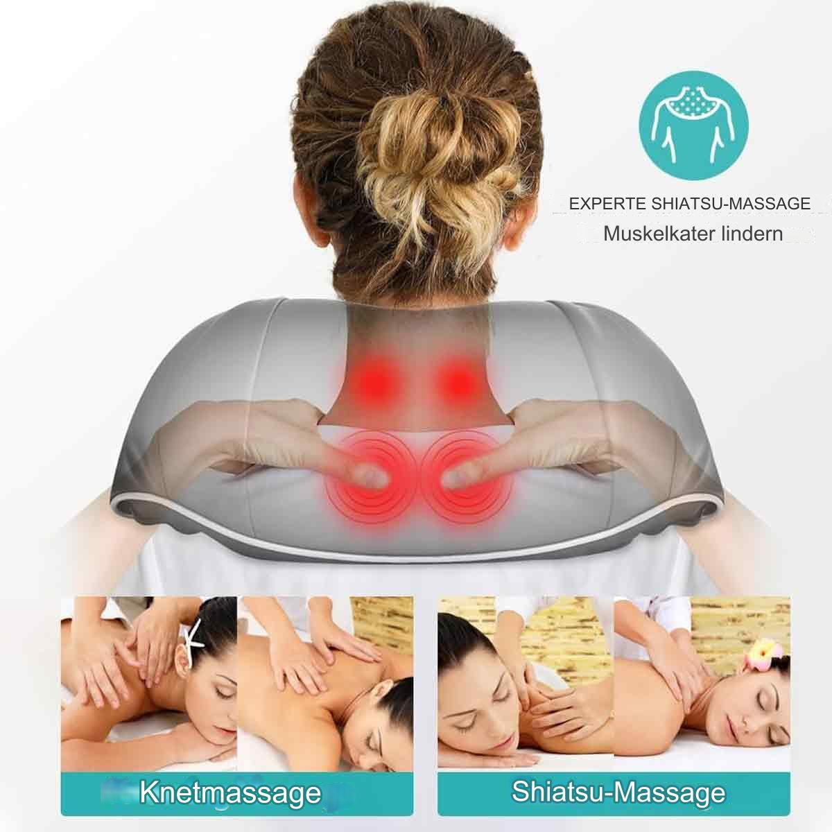 Frau mit Massagegerät auf dem Rücken. Illustrationen von Massagetechniken: Knetmassage und Shiatsu-Massage.