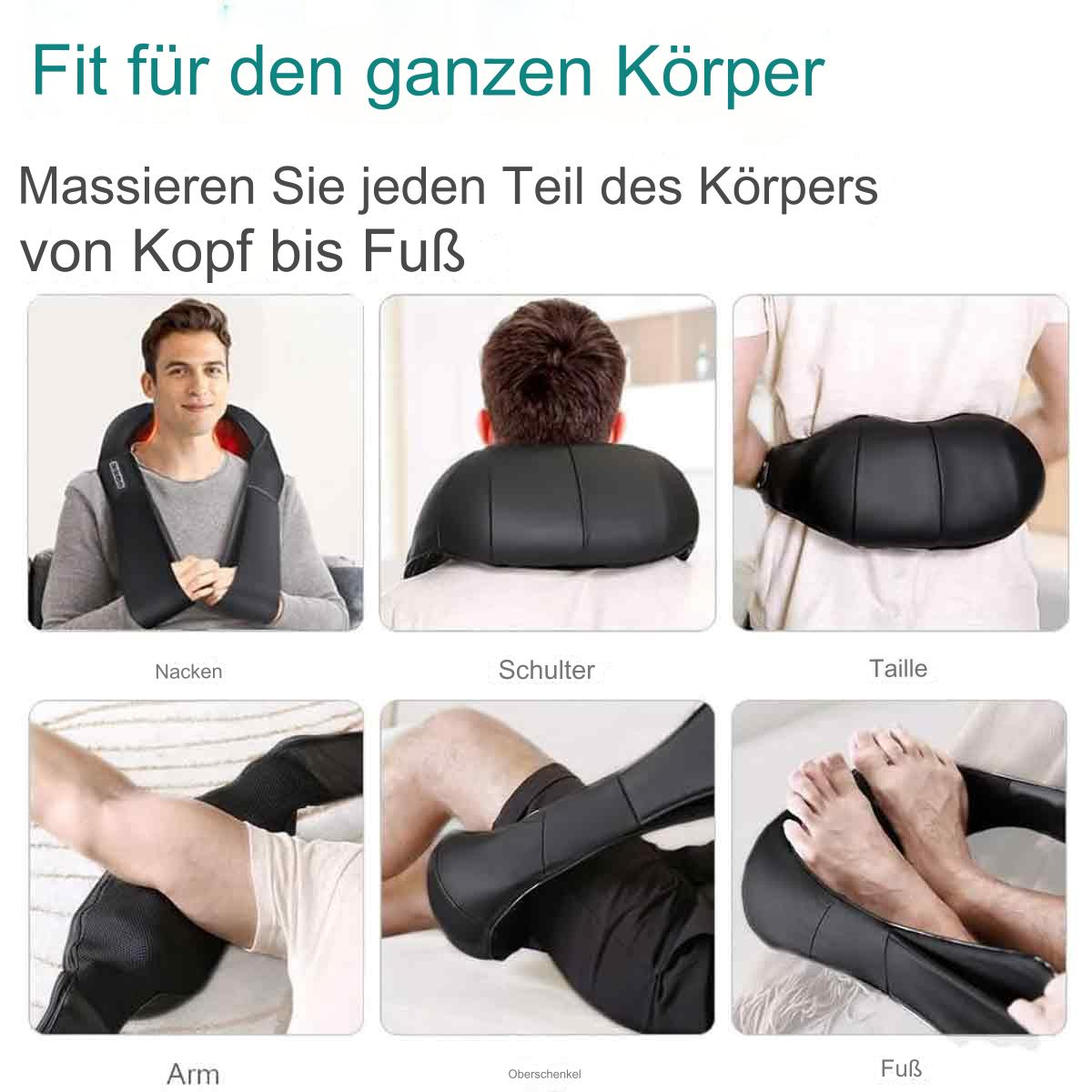 Bilder eines Massagegeräts, das an verschiedenen Körperteilen verwendet wird. Text auf Deutsch.