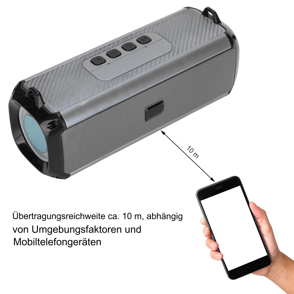 Ein silberner rechteckiger Lautsprecher mit Knöpfen und einem Telefon. Der Lautsprecher hat 10m Reichweite.