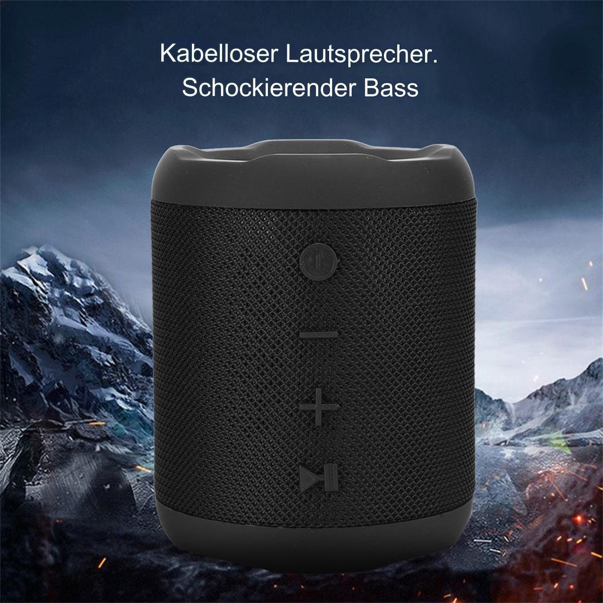 Schwarzer kabelloser Lautsprecher mit Bedienelementen: Ein/Aus, Lautstärke, Wiedergabe/Pause. Der Hintergrund ist dunkel.