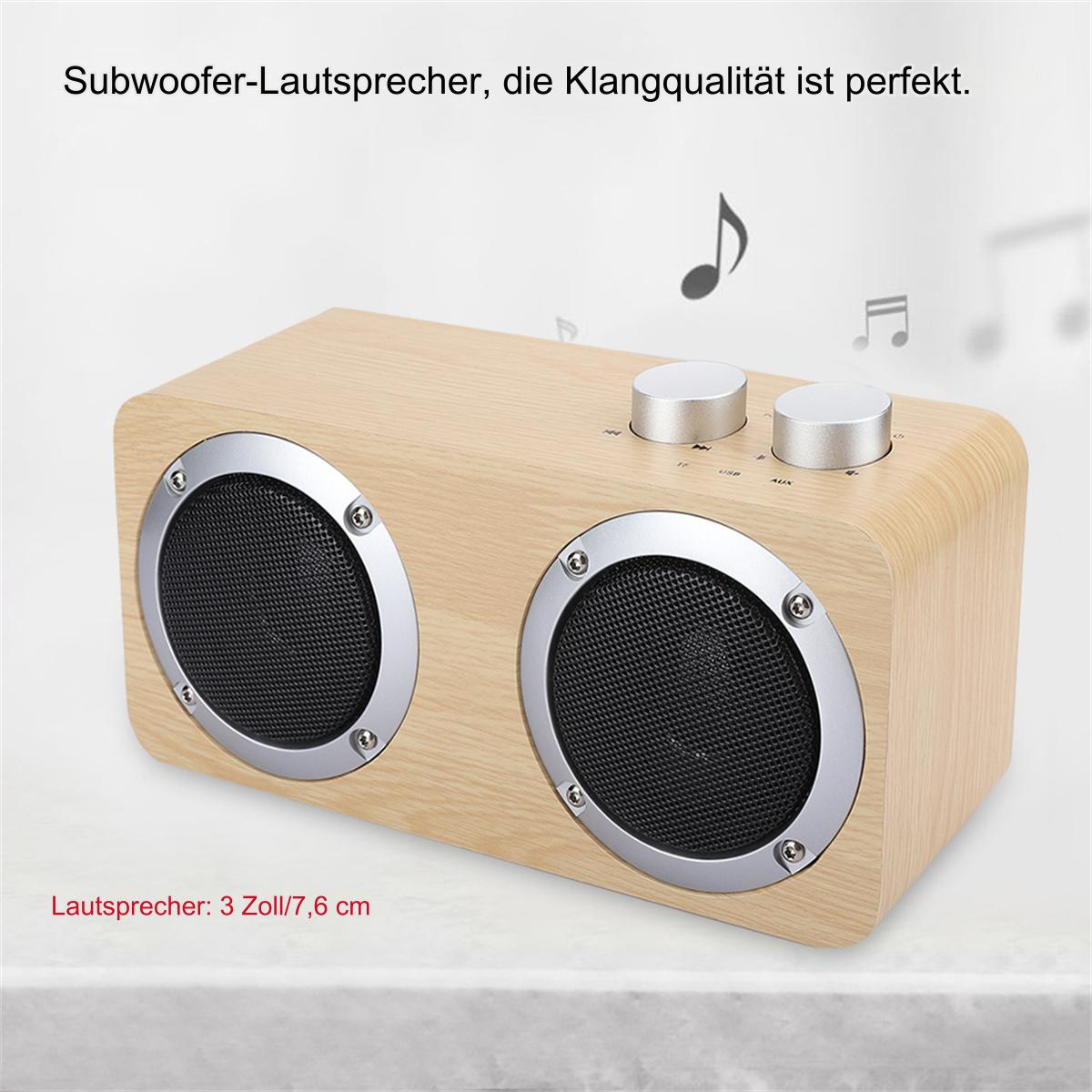 Holzlautsprecher mit zwei silbernen Reglern und zwei Lautsprechergittern. Text: Subwoofer-Lautsprecher.