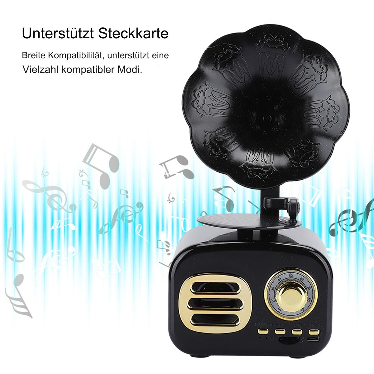 Schwarzer Lautsprecher im Retro-Stil mit dekorativem Horn. Musiknoten befinden sich im Hintergrund.