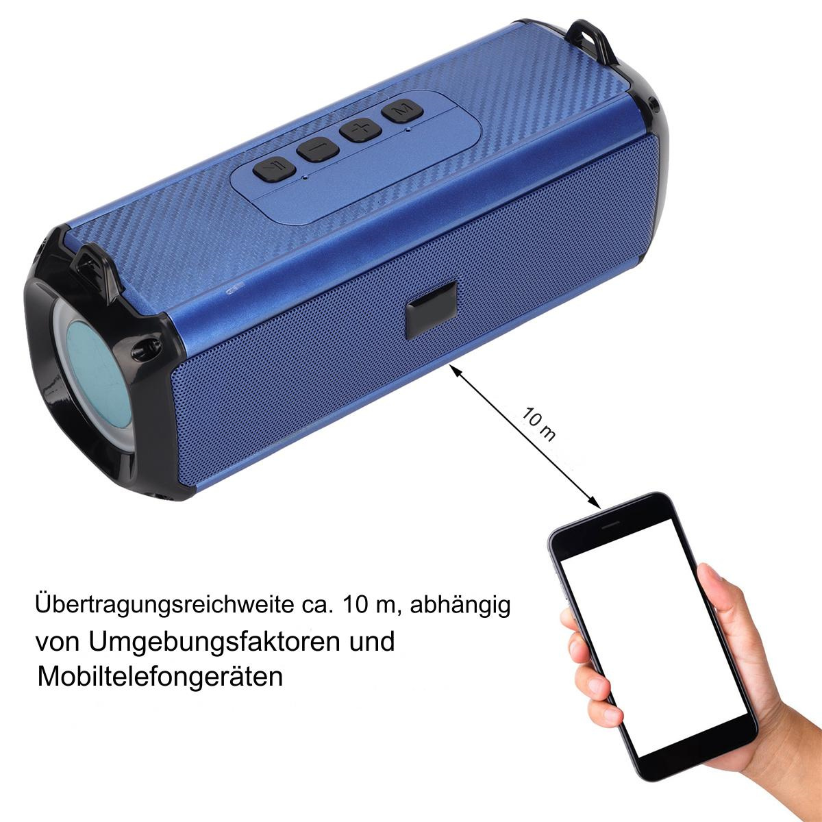 Blauer Lautsprecher mit Telefon, das 10 m Abstand anzeigt.