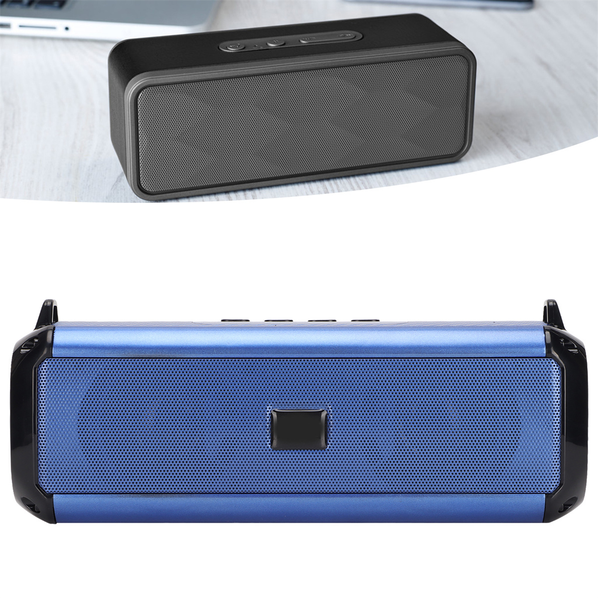 Ein schwarzer Lautsprecher auf einer weißen Oberfläche mit einem Laptop. Ein blauer Lautsprecher auf einer weißen Oberfläche.