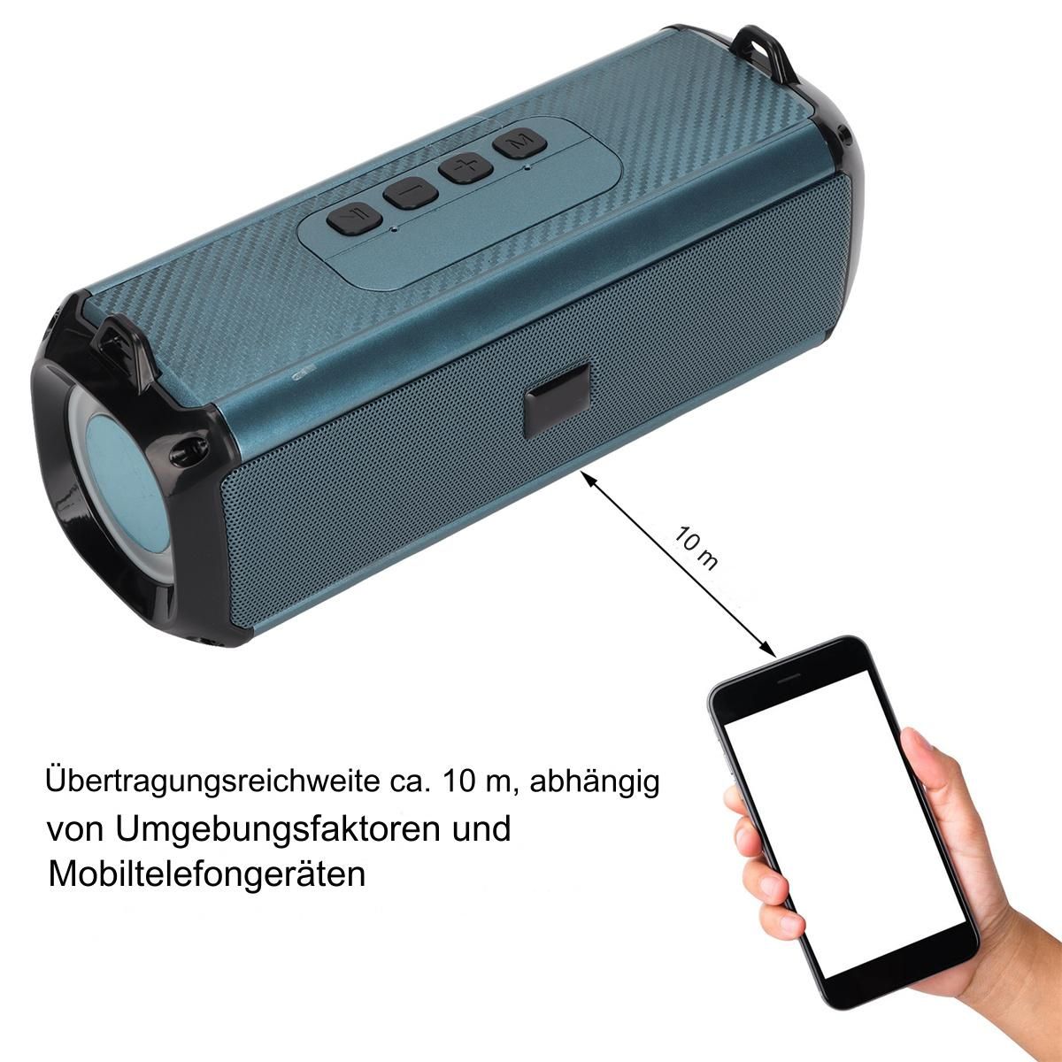 Türkisfarbener Lautsprecher mit Tasten und ein Telefon, das in 10 m Entfernung gehalten wird. Text: 'Übertragungsreichweite ca. 10m'.