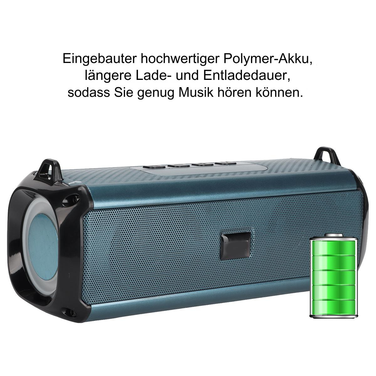 Ein blauer und schwarzer Lautsprecher mit Text. Ein Akkusymbol neben dem Lautsprecher zeigt, dass er geladen ist.