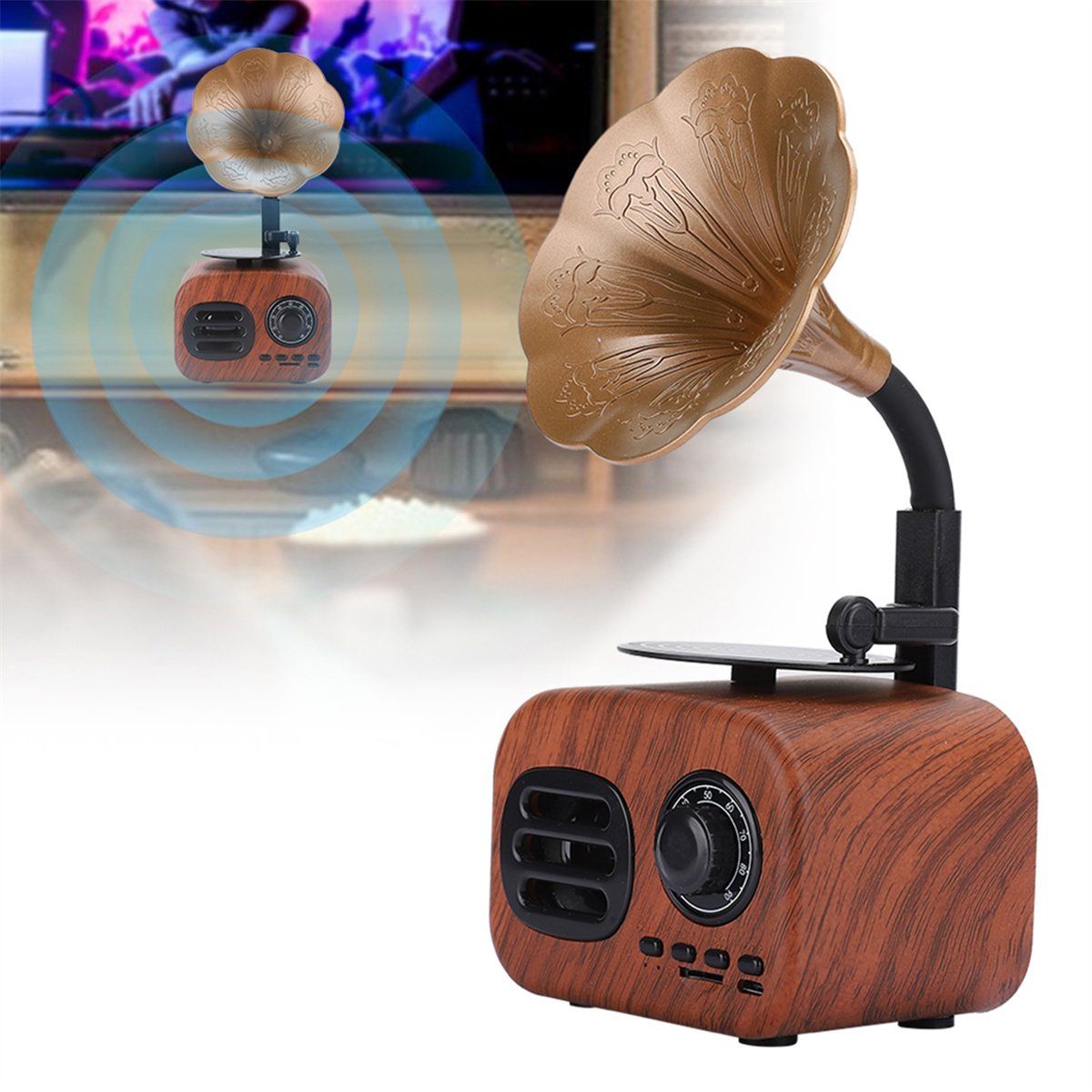 Ein Grammophon im Vintage-Stil, das Musik abspielt, mit Holzoberfläche und Trichter.