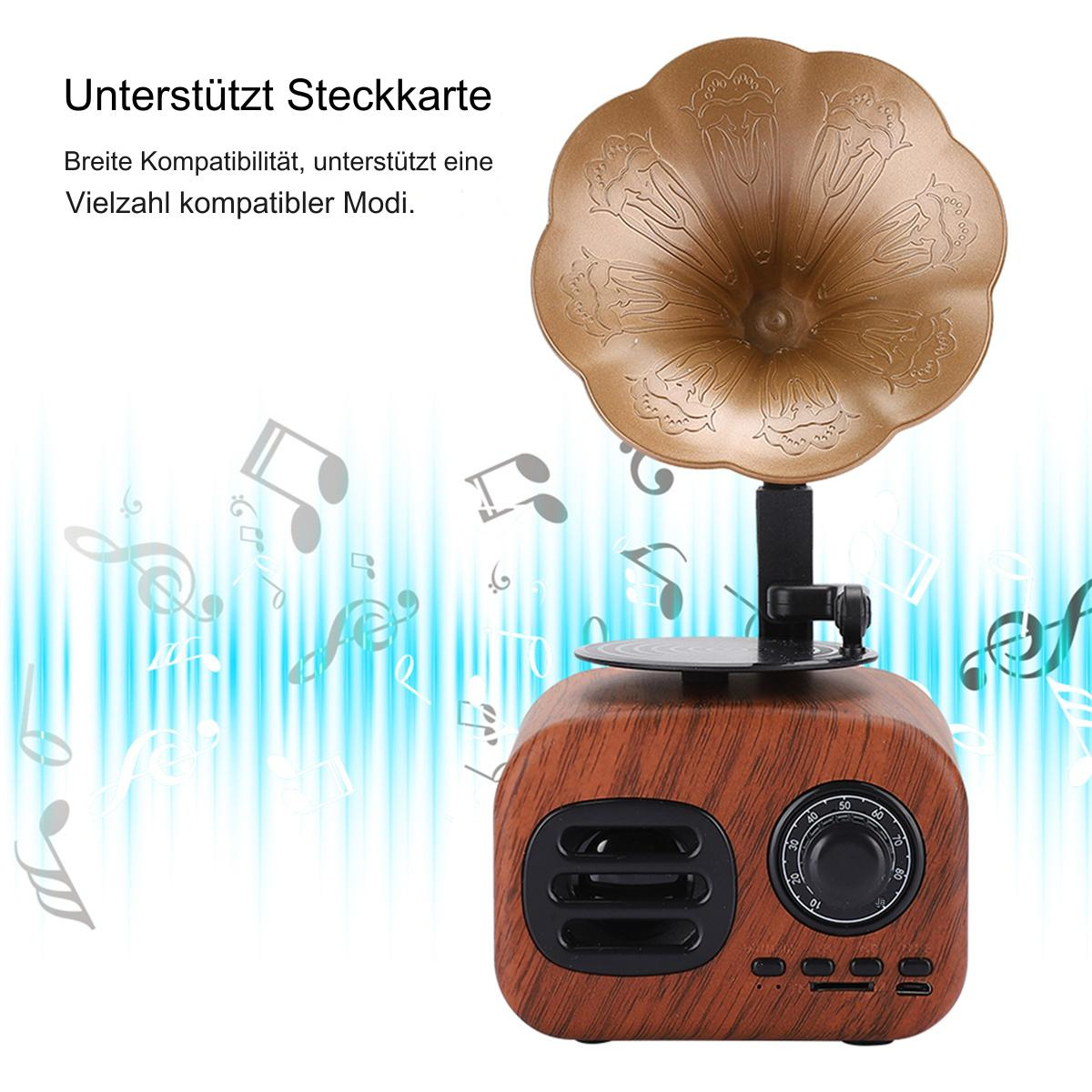 Lautsprecher im Retro-Stil aus Holz mit Trichter und Drehregler. Musiknoten im Hintergrund.