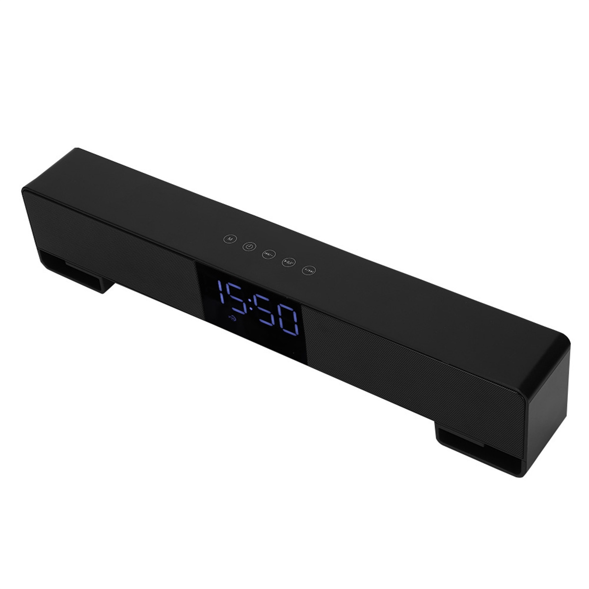 Schwarze Soundbar mit digitaler Uhranzeige. Schwarz auf weißem Hintergrund.