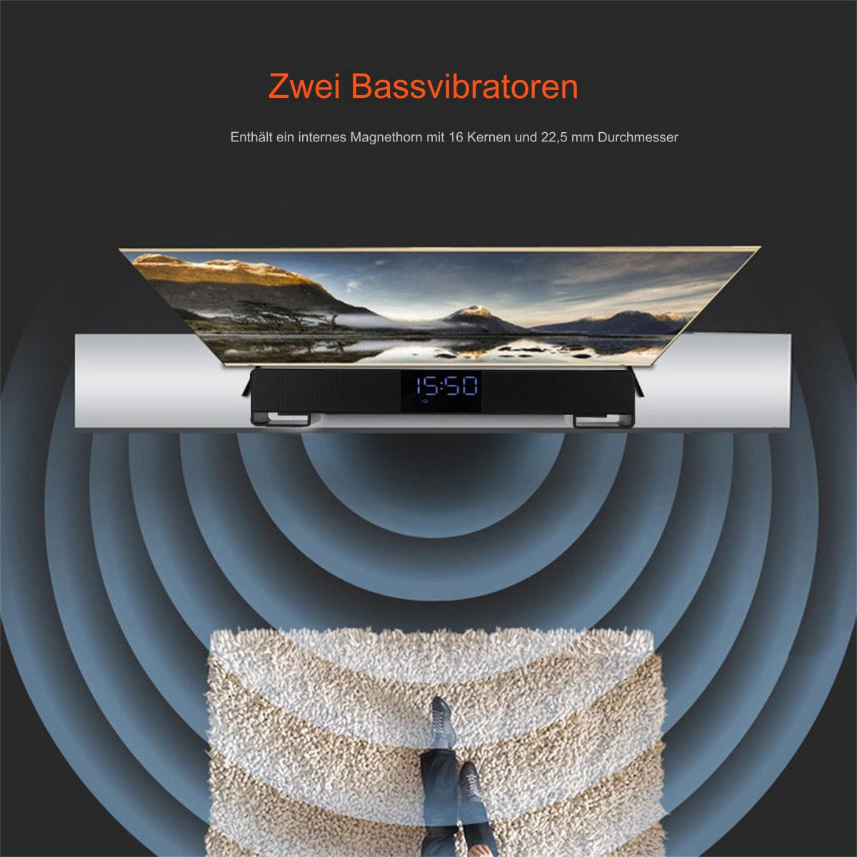 Ein Fernsehbildschirm über einer Soundbar mit der angezeigten Uhrzeit, darunter ein Teppich und Fußspuren.