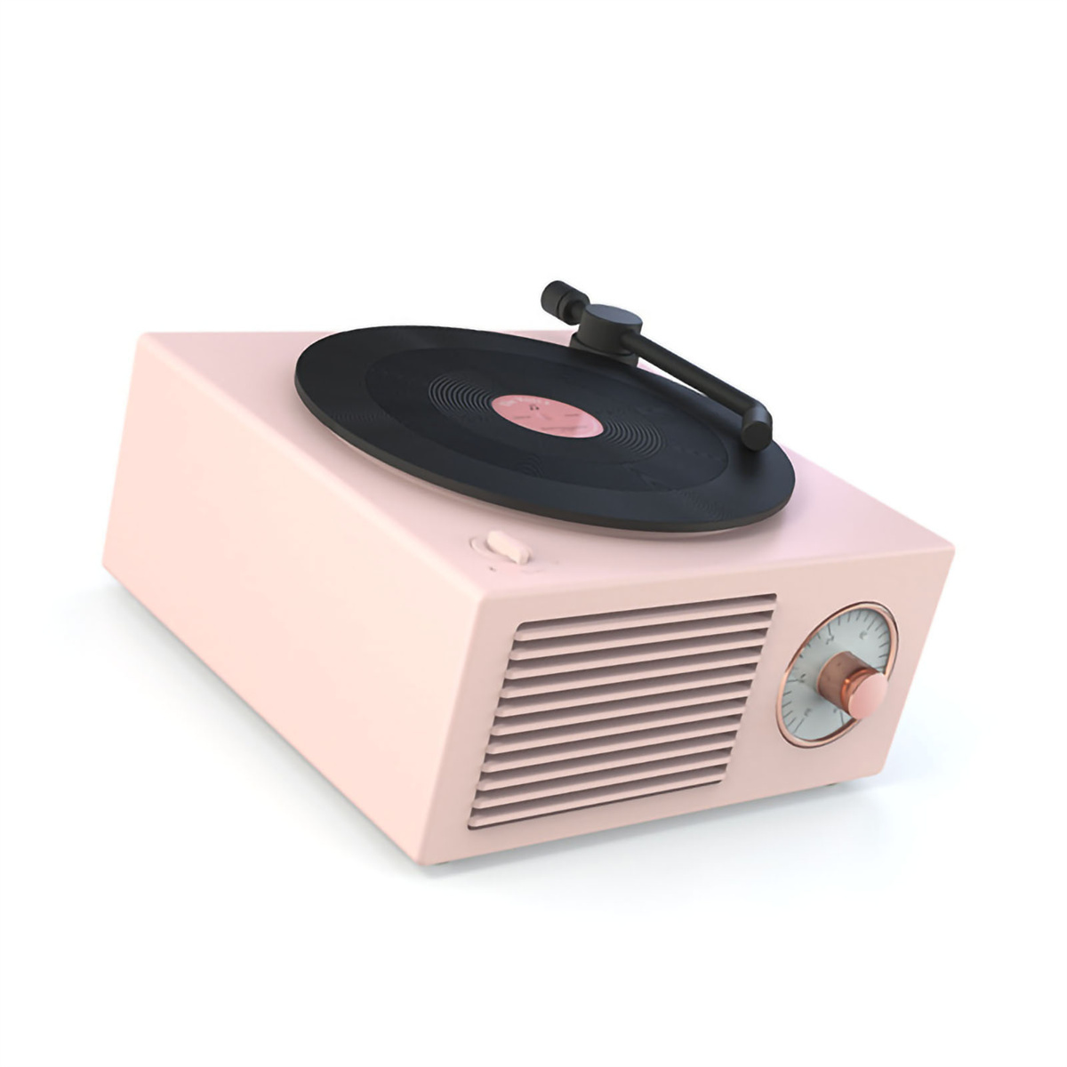 Rosa Retro-Plattenspieler auf weißer Oberfläche. Schwarze Schallplatte und Arm sichtbar.