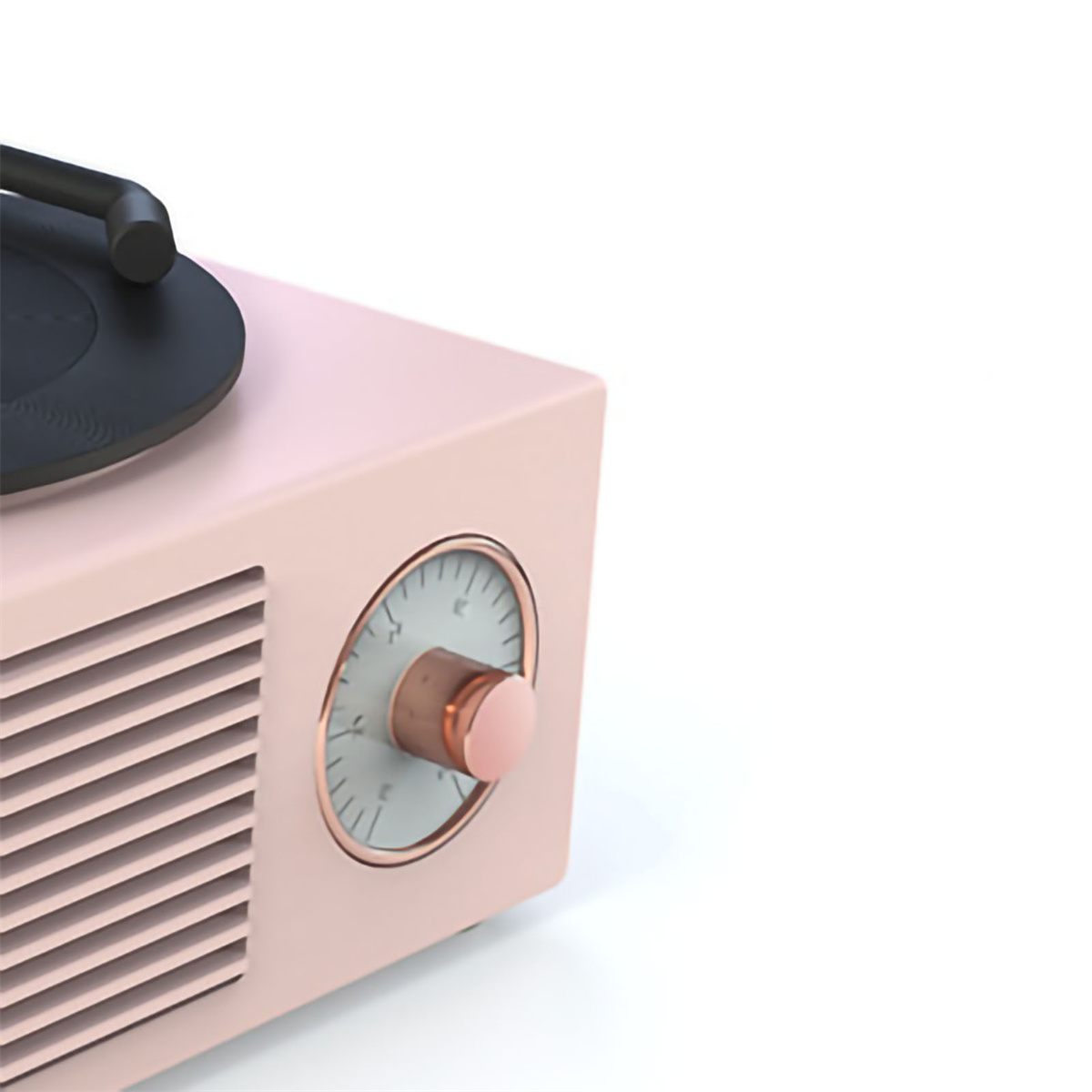 Rosa Retro-Plattenspieler mit schwarzer Schallplatte. Minimalistisches Design.