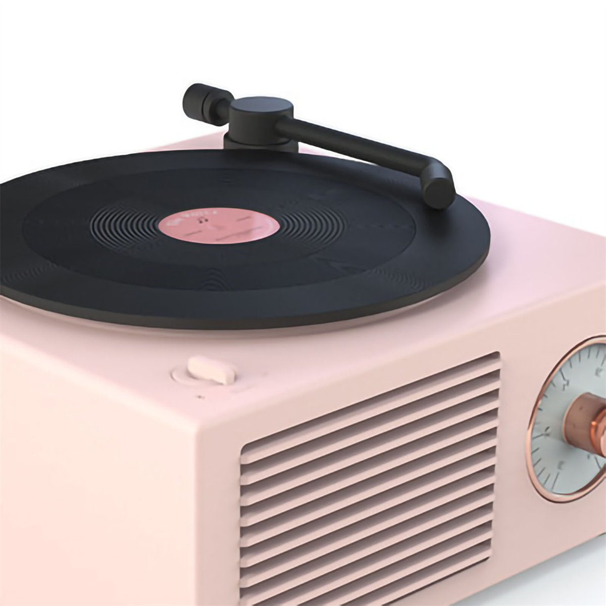 Rosa Retro-Plattenspieler mit schwarzer Schallplatte und einem Drehregler. Mit Lautsprecher.