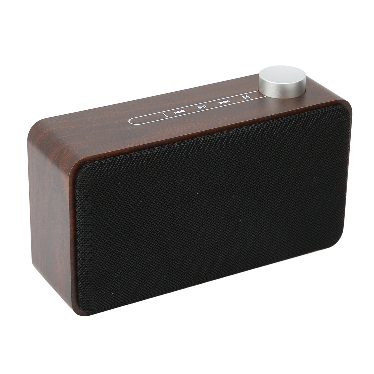 Holzlautsprecher mit schwarzem Lautsprechergitter und silbernen Bedienelementen. Text: Subwoofer.