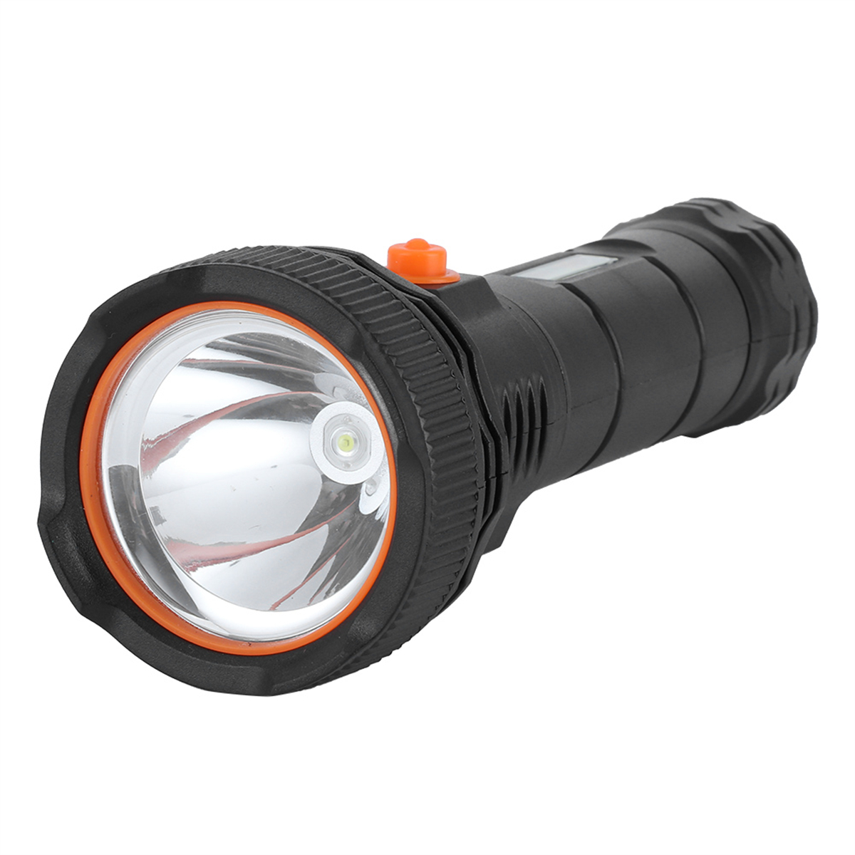 Eine schwarze Taschenlampe mit orangefarbenem Ring um die Linse und orangefarbener Taste.