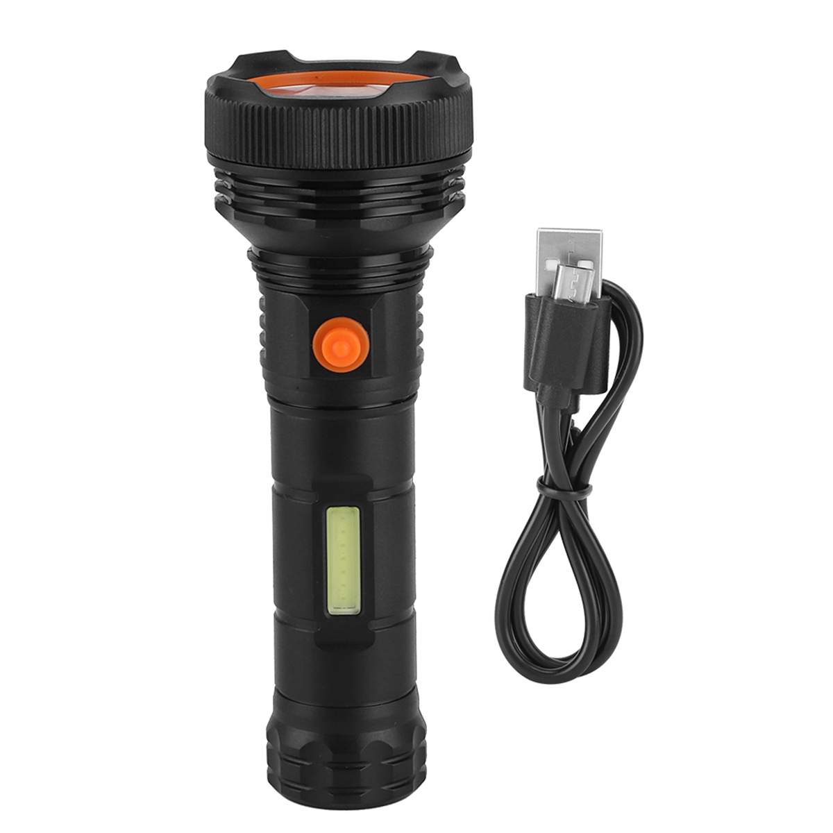 Schwarze Taschenlampe mit orangefarbener Taste und USB-Ladekabel.
