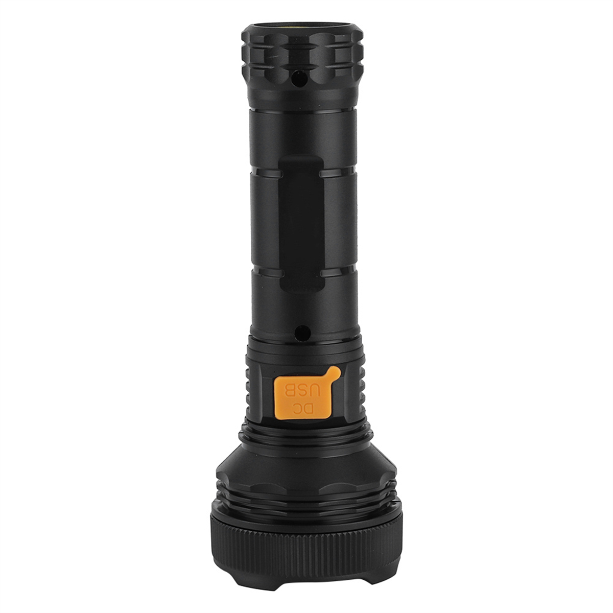 Schwarze Taschenlampe mit orangefarbener USB-Anschlussabdeckung. Zylindrisch mit strukturiertem Griff.