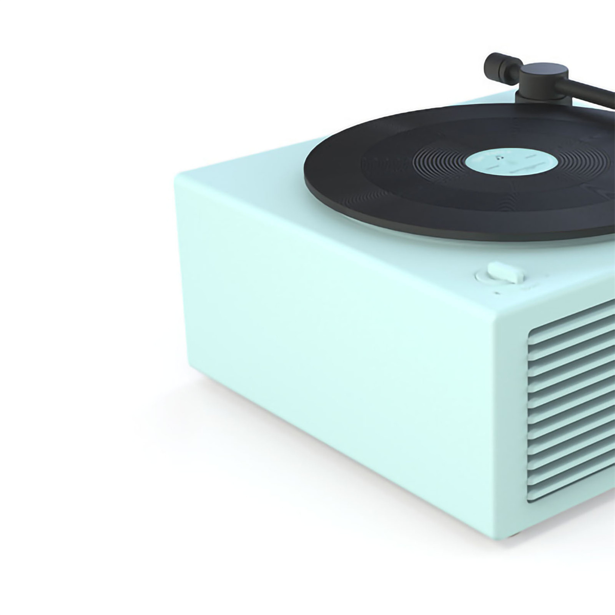 Türkisfarbener Retro-Plattenspieler mit schwarzem Vinyl auf weißem Hintergrund. Seitenansicht.