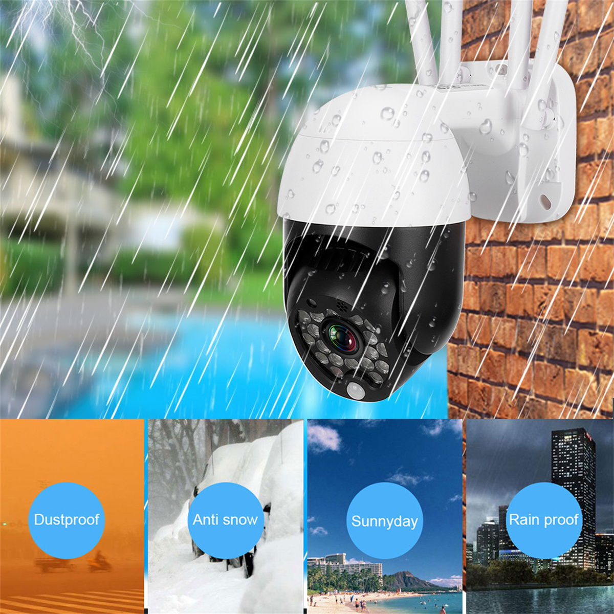 Weiße und schwarze Überwachungskamera mit Regen- und Wetter-Icons.