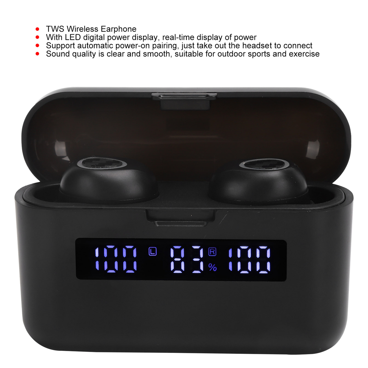 Schwarze kabellose Ohrhörer in einem Ladeetui mit Display.