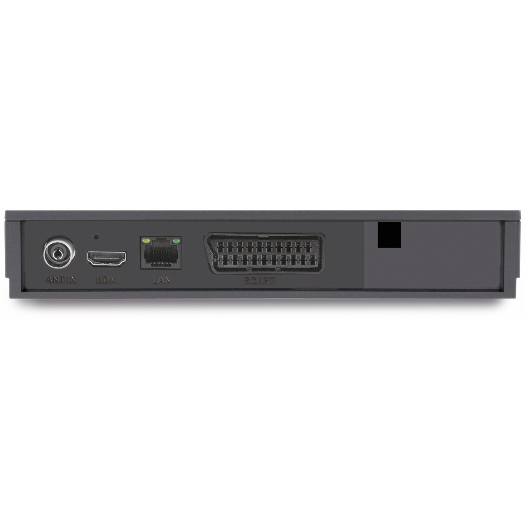 Rückseite eines schwarzen elektronischen Geräts mit mehreren Anschlüssen für Antenne, HDMI, LAN und SCART.