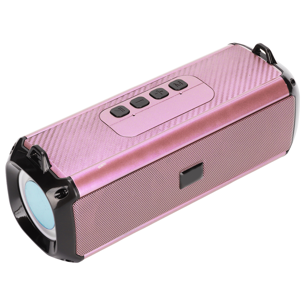 Ein rosa Lautsprecher mit Knöpfen und einem Leuchteffekt auf der Vorderseite.