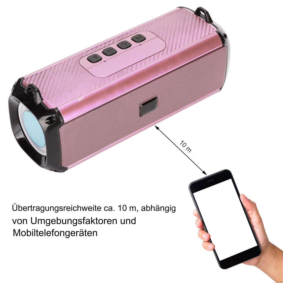 Rosa tragbarer Lautsprecher mit schwarzen Knöpfen und einem Telefon. Text: 'Übertragungsreichweite' und '10 m'.