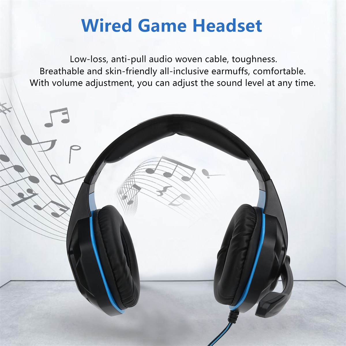 Schwarz-blaues kabelgebundenes Gaming-Headset auf weißem Hintergrund mit Noten. Mit Lautstärkeregelung.