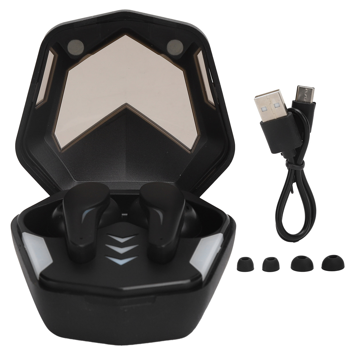 Schwarze Ohrhörer in einer schwarzen Ladehülle mit USB-Kabel und zusätzlichen Ohrstöpseln.