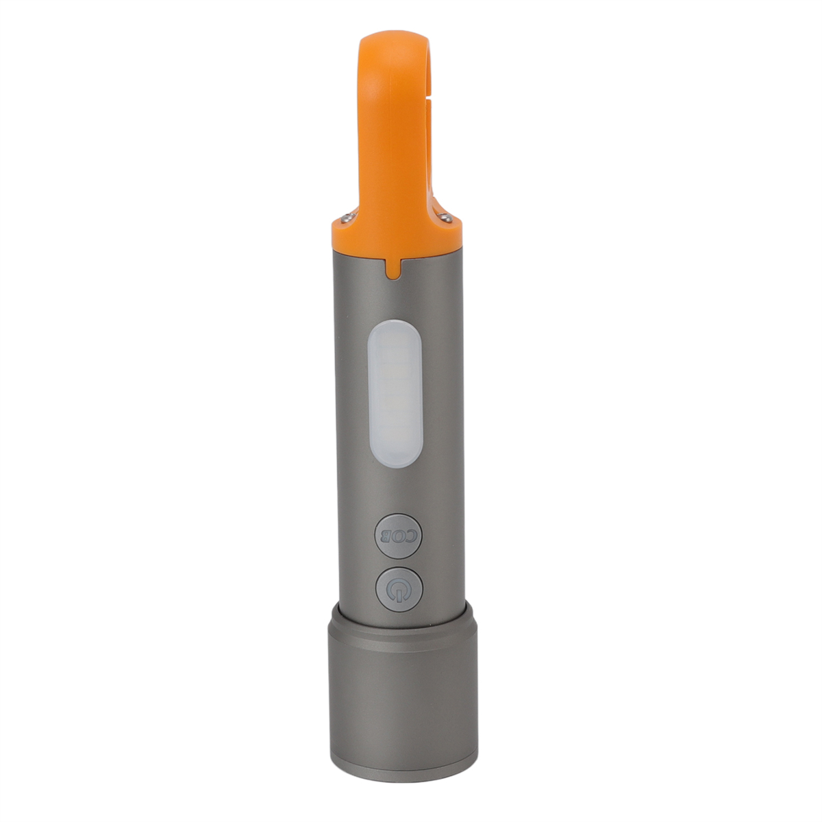 Graue und orangefarbene Taschenlampe mit Haken. Grauer Hintergrund. Knöpfe für COB und Power.