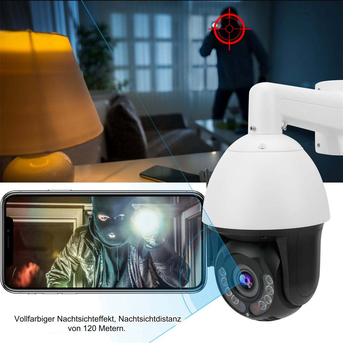 Eine Überwachungskamera, die auf ein Fenster gerichtet ist, mit einer Person, die eine Maske trägt und eine Taschenlampe hält.