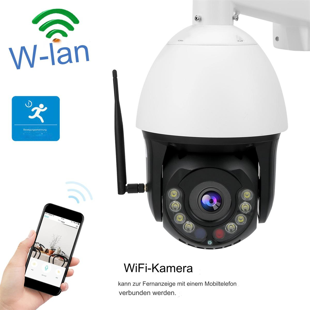 Eine Überwachungskamera mit einem Telefon, das einen Live-Feed zeigt. Text: WiFi-Kamera kann mit einem Mobiltelefon verbunden werden.