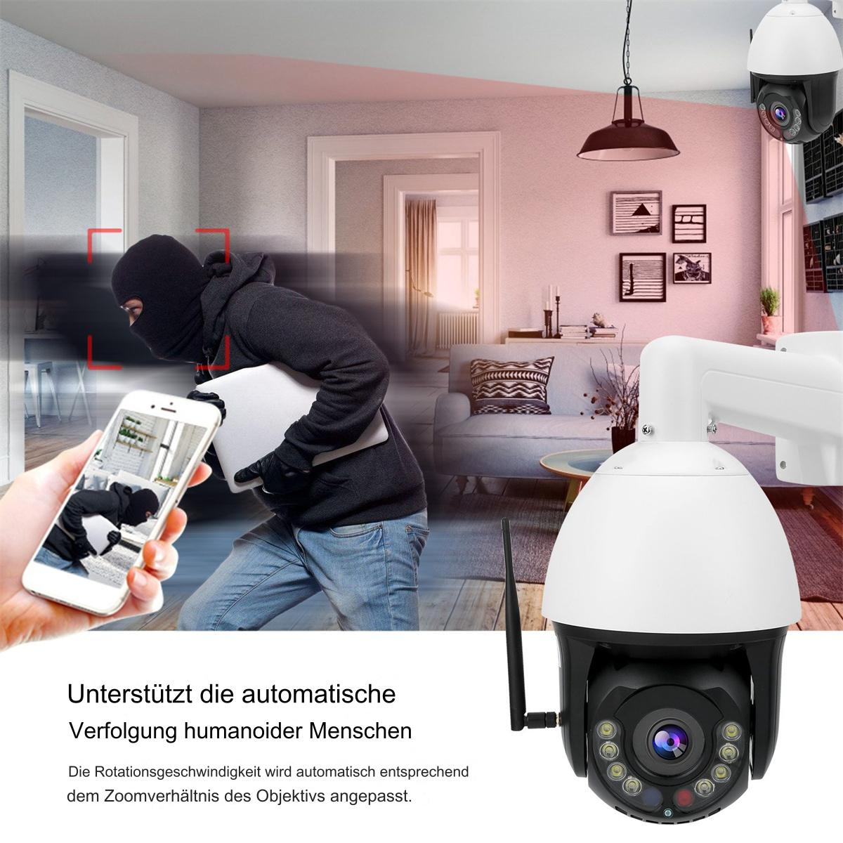 Eine Überwachungskamera in einem Raum installiert, eine Person mit Sturmhaube wird auf einem Telefon gesehen, und Text.