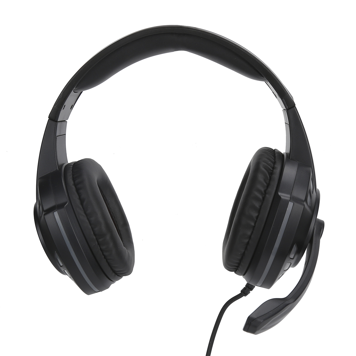 Schwarzes Headset mit Mikrofon und Kabel, isoliert.