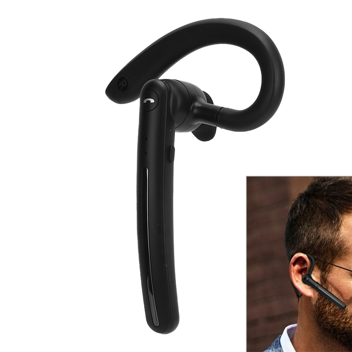 Schwarzer Bluetooth-Kopfhörer mit Ohrbügel. Inset-Bild zeigt die Verwendung am Menschen.
