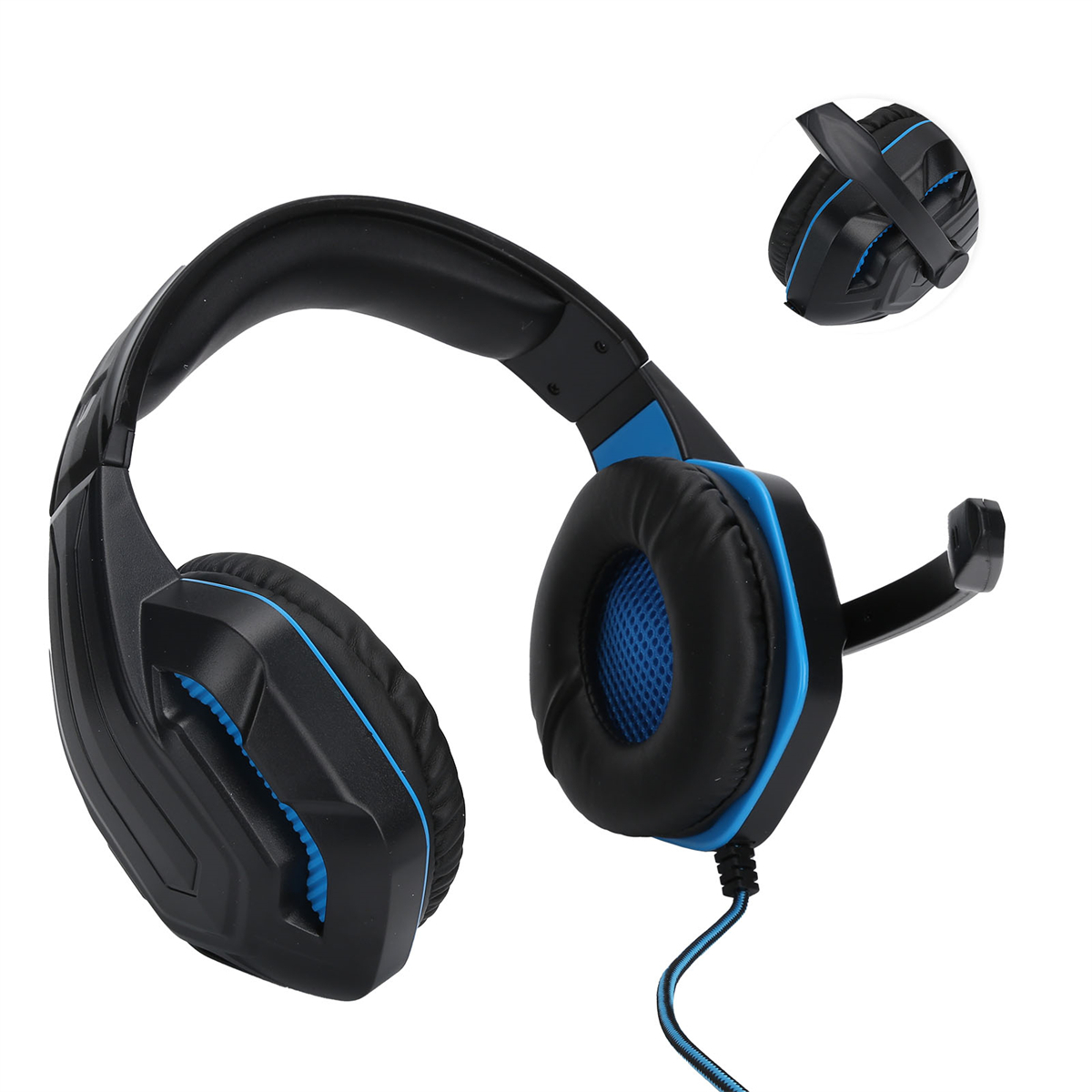 Schwarze und blaue Gaming-Kopfhörer mit Mikrofon. Abgetrennte Kopfhörer.