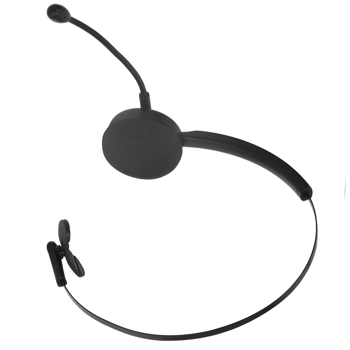 Ein schwarzes Headset mit Mikrofon und Kopfclip. Das Mikrofon ist nah am Mund.