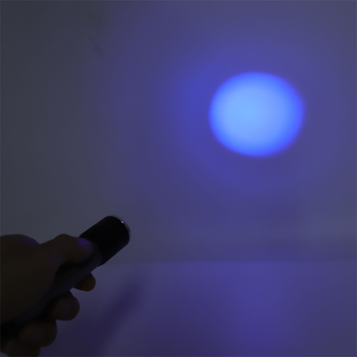 Hand hält eine Taschenlampe und leuchtet blau auf eine weiße Wand. Das Licht bildet einen großen, verschwommenen Kreis.