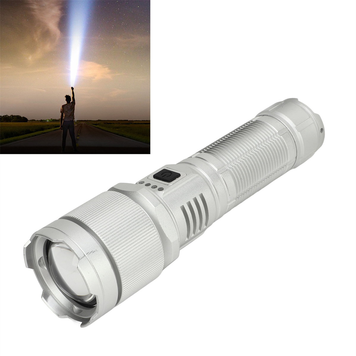 Eine silberne Taschenlampe mit einer Person, die einen Lichtstrahl in den Himmel richtet.
