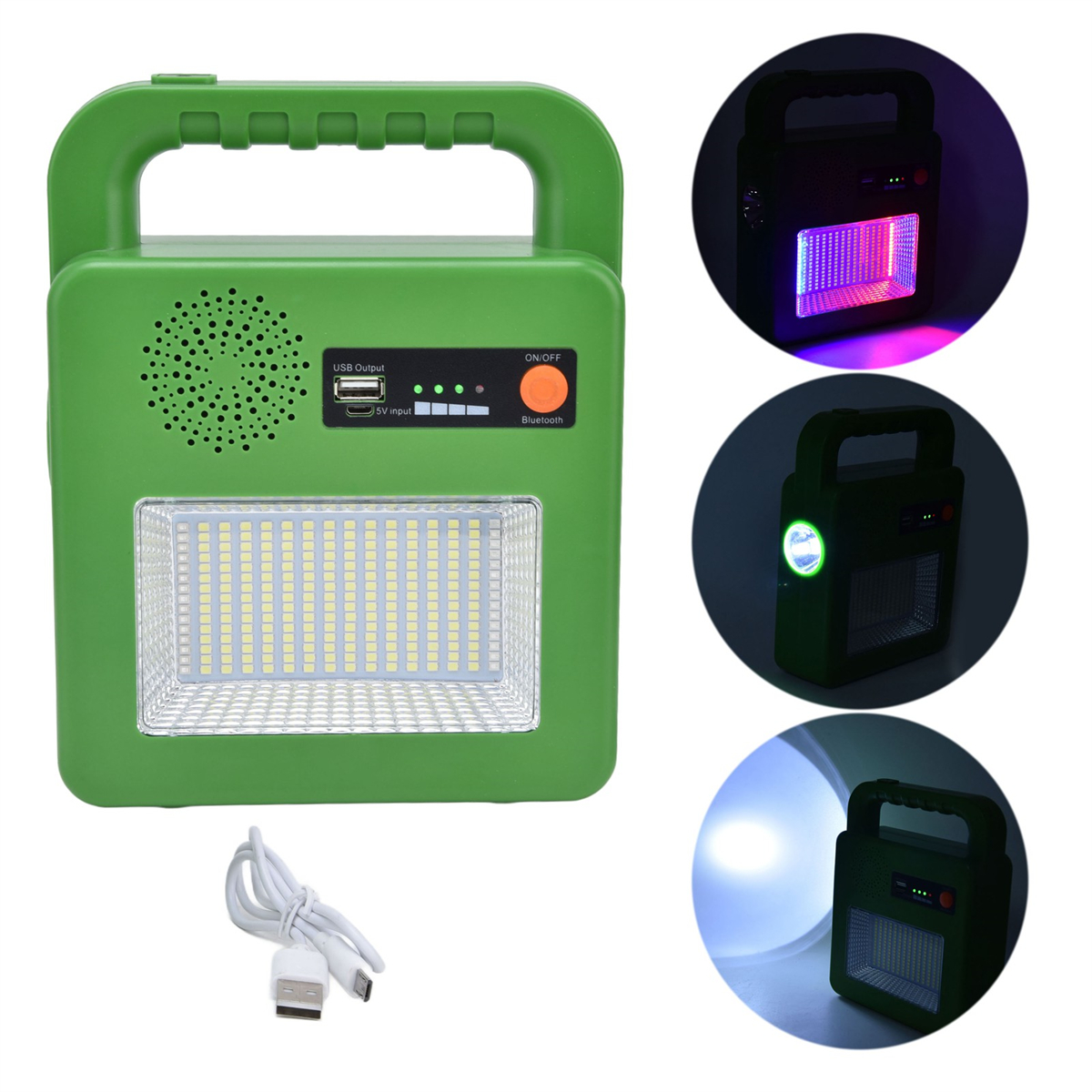 Grüne Solar-Laterne mit Griff, Lautsprecher, Licht und USB-Anschluss. Enthält ein Ladekabel und mehrere Lichtdemos.