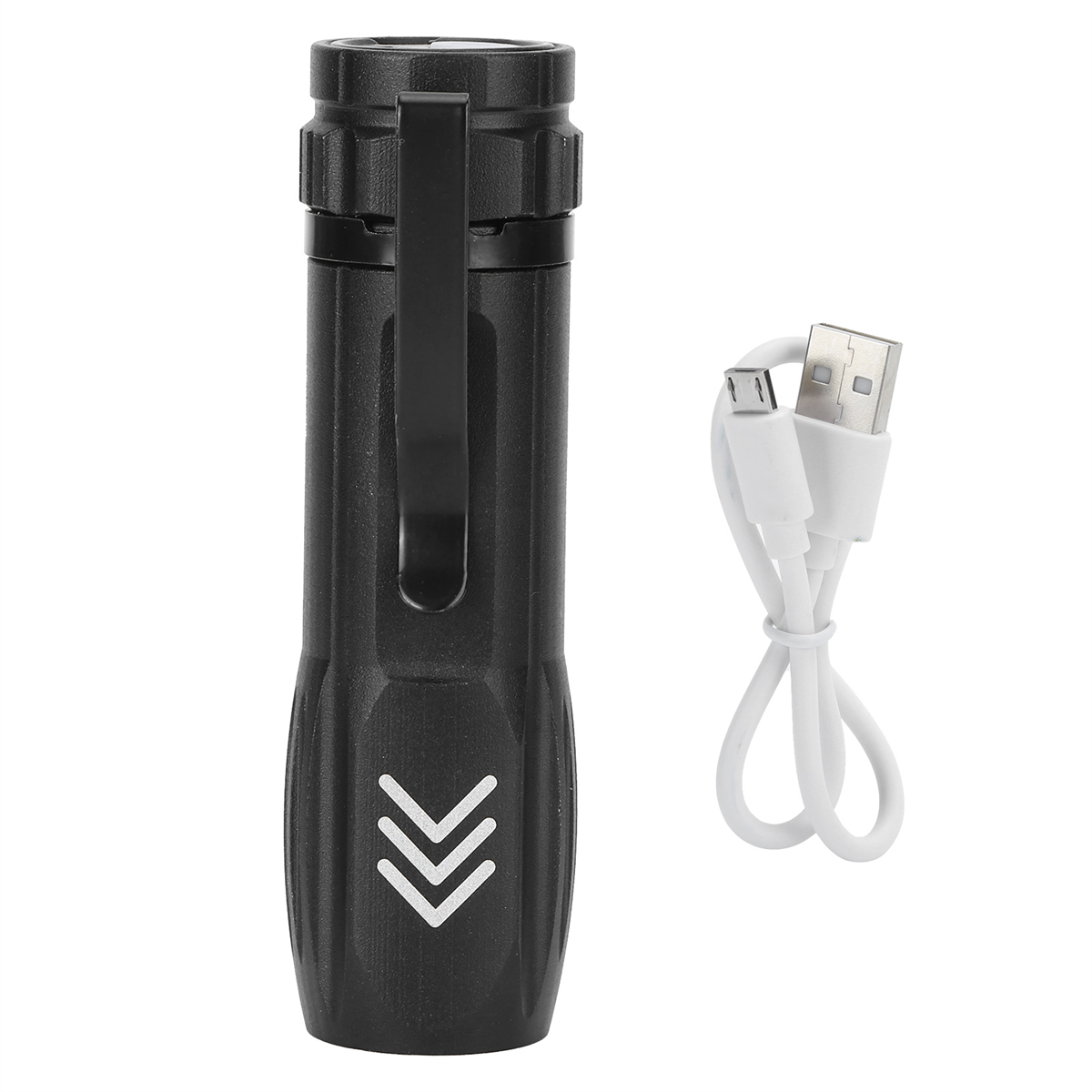Schwarze Taschenlampe mit weißen Pfeilen und einem USB-Kabel. Weißer Hintergrund.
