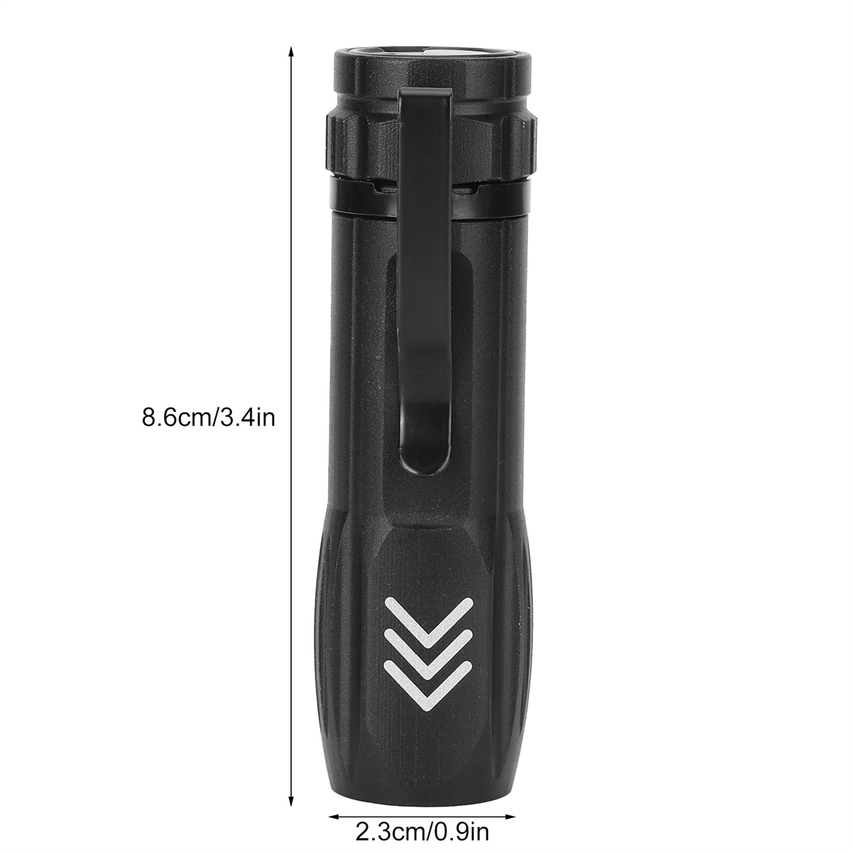 Schwarze Taschenlampe mit weißen Pfeilen. Sie hat einen Clip zum Befestigen, mit Messungen in cm/Zoll.