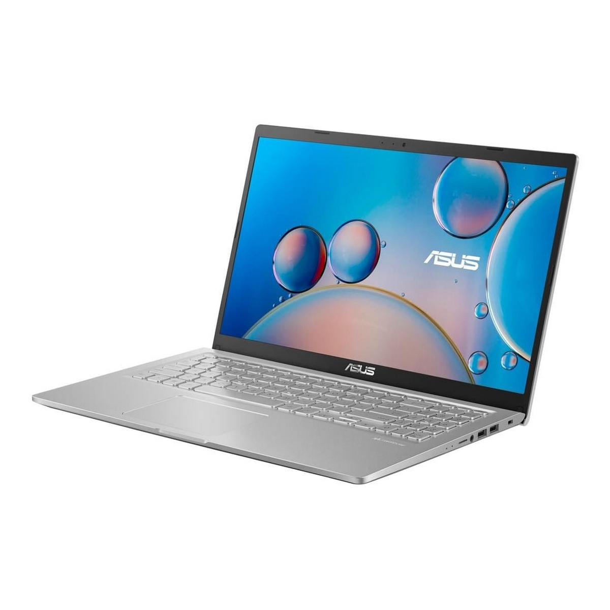 Laptop ASUS argento con schermo acceso, che mostra grafica blu e bianca. Sfondo bianco.