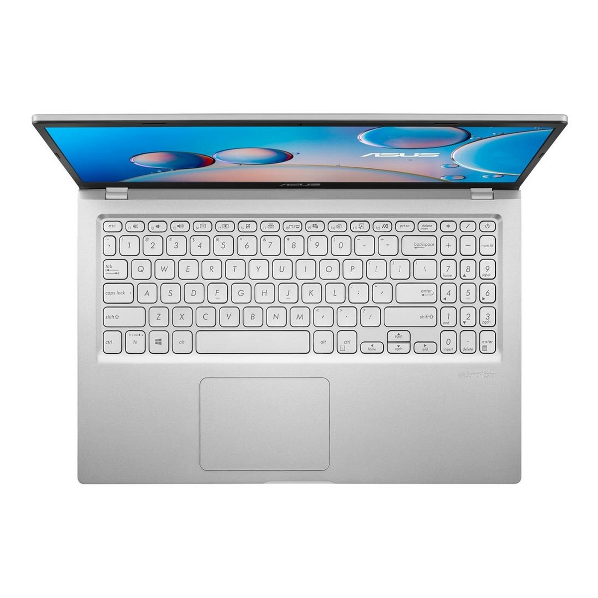 Laptop argentato con schermo aperto, che mostra tastiera e schermo.