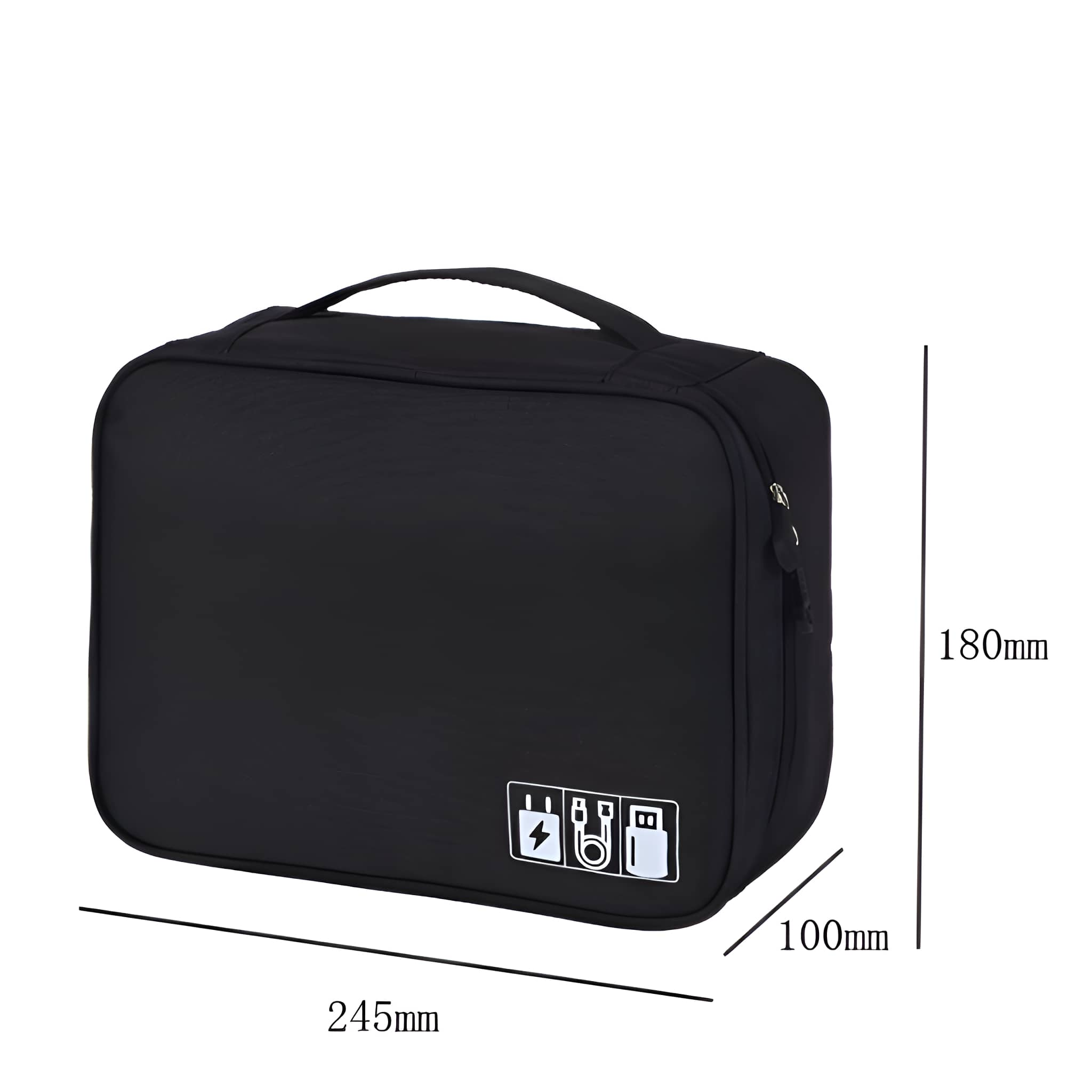 Schwarze Reise-Organizer-Tasche mit Griff und Abmessungen in mm, 245x180x100.