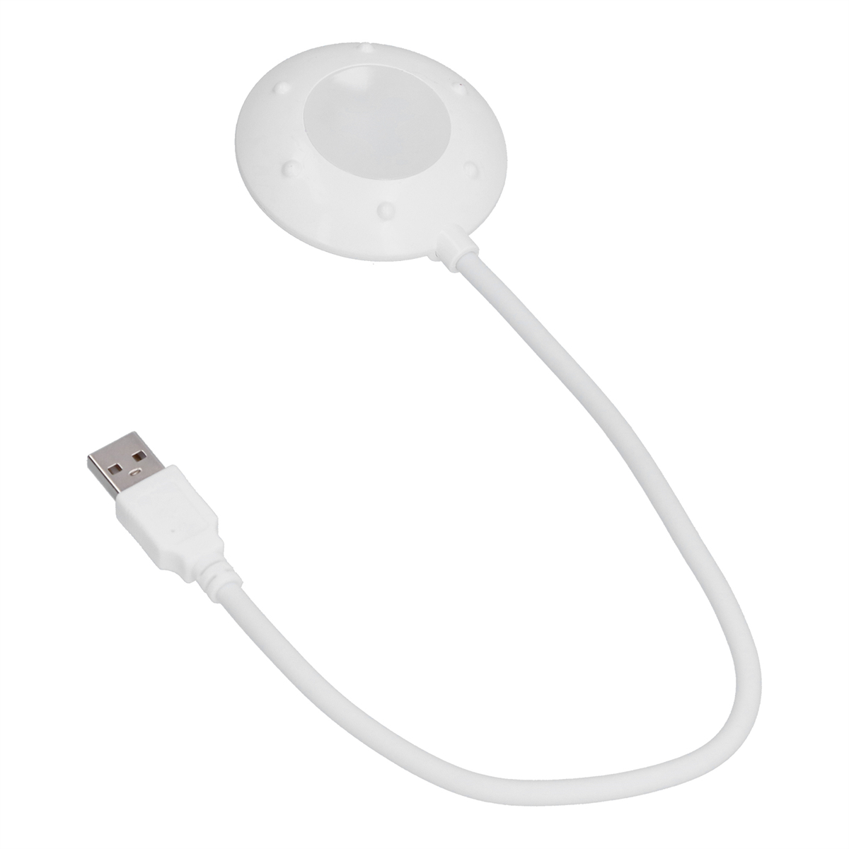 Eine weiße, USB-betriebene Lampe mit flexiblem Hals und kreisförmiger Lichtquelle.