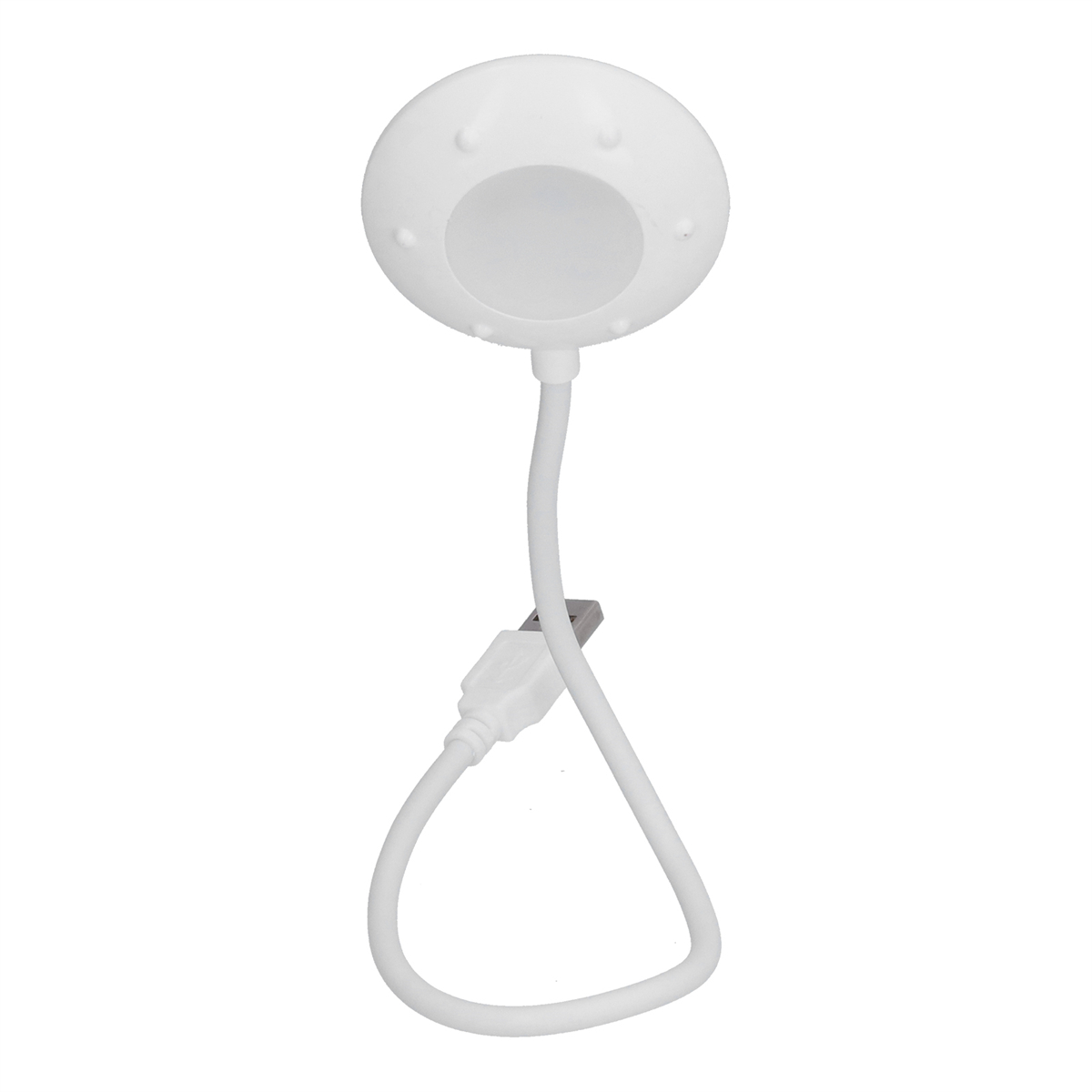 Eine weiße USB-Lampe mit rundem Kopf. Der Hintergrund ist weiß.