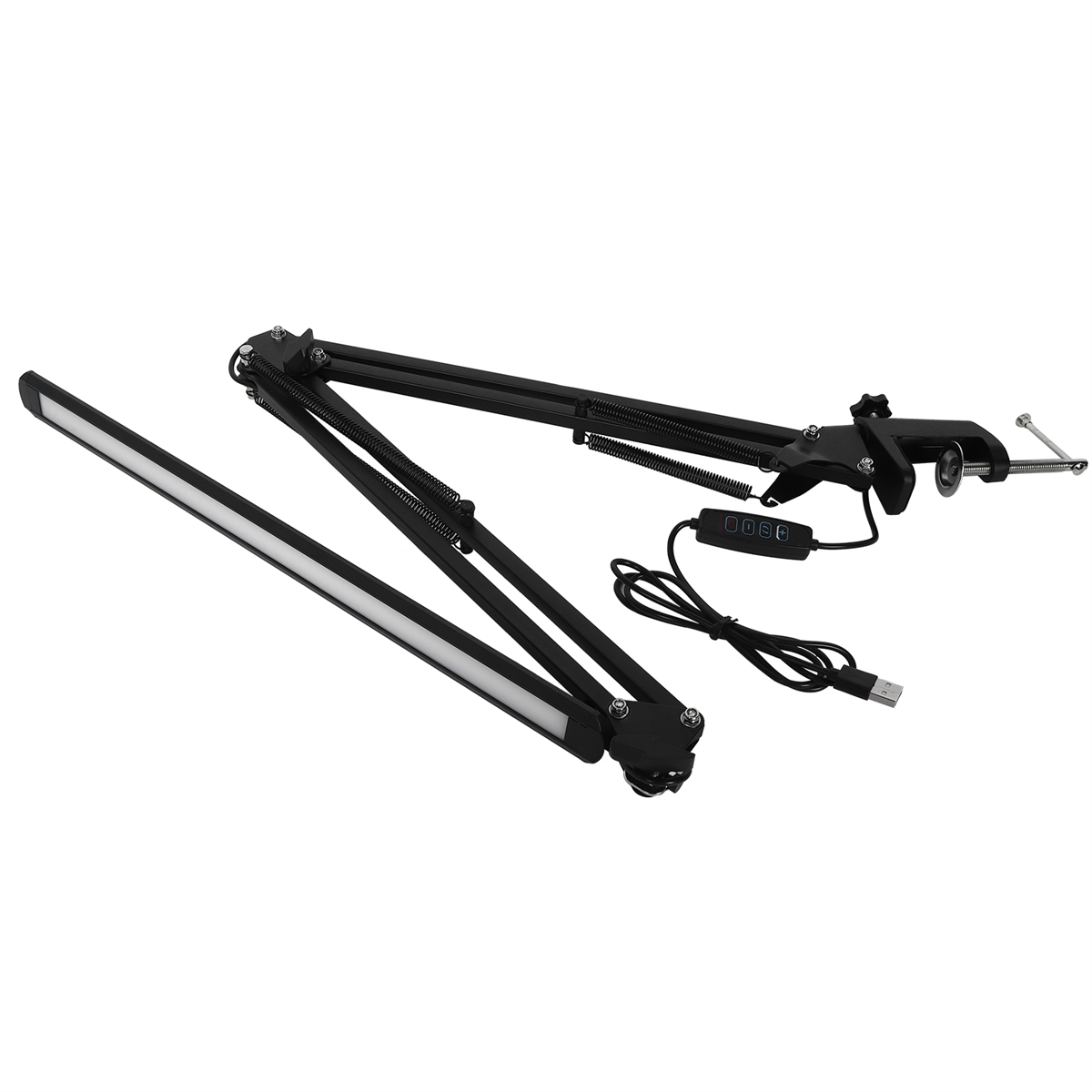 Schwarze, gelenkige LED-Schreibtischlampe mit USB-Kabel und Bedienfeld.